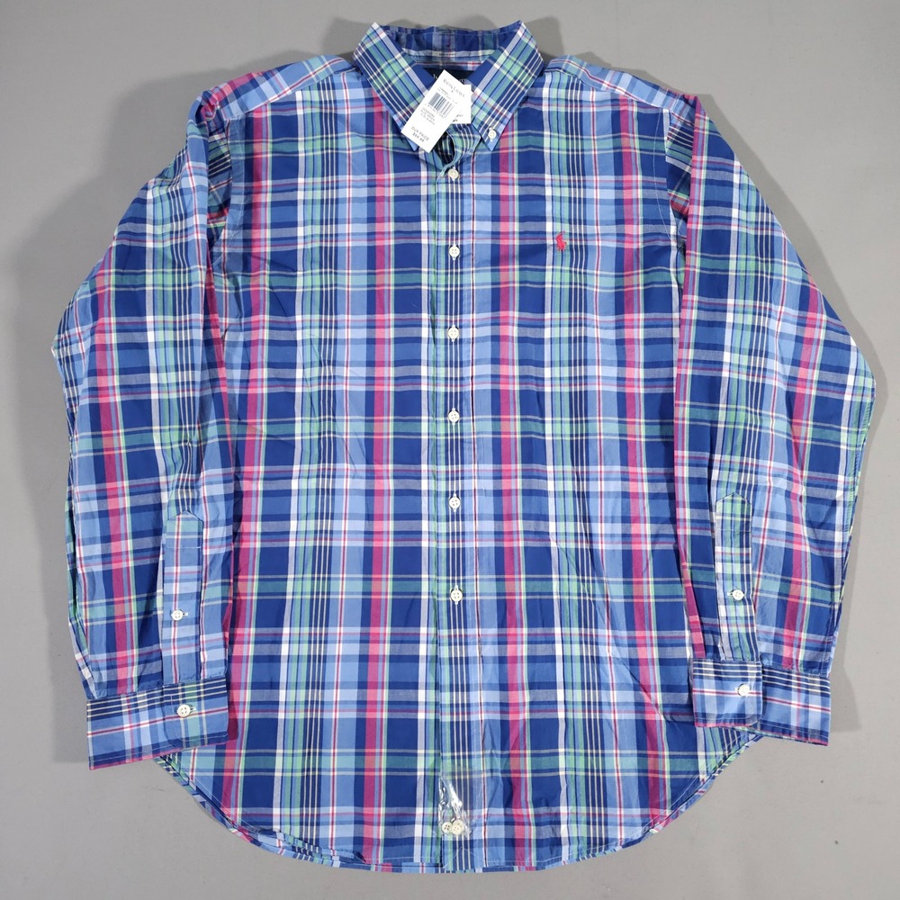 Ralph Lauren Button Down Shirt Mens XL Blue Green Plaid Classic Fit NWT